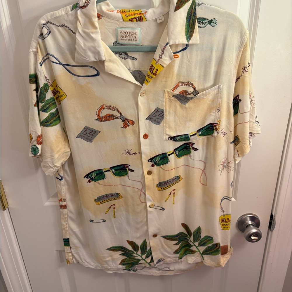 Scotch & Soda Men's Cream Printed Camp Shirt L